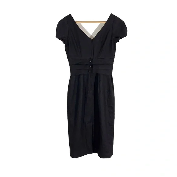 Rebecca Taylor Cross Front Pencil Formal Black Wool Linen Midi Dress button Up - Picture 4 of 8